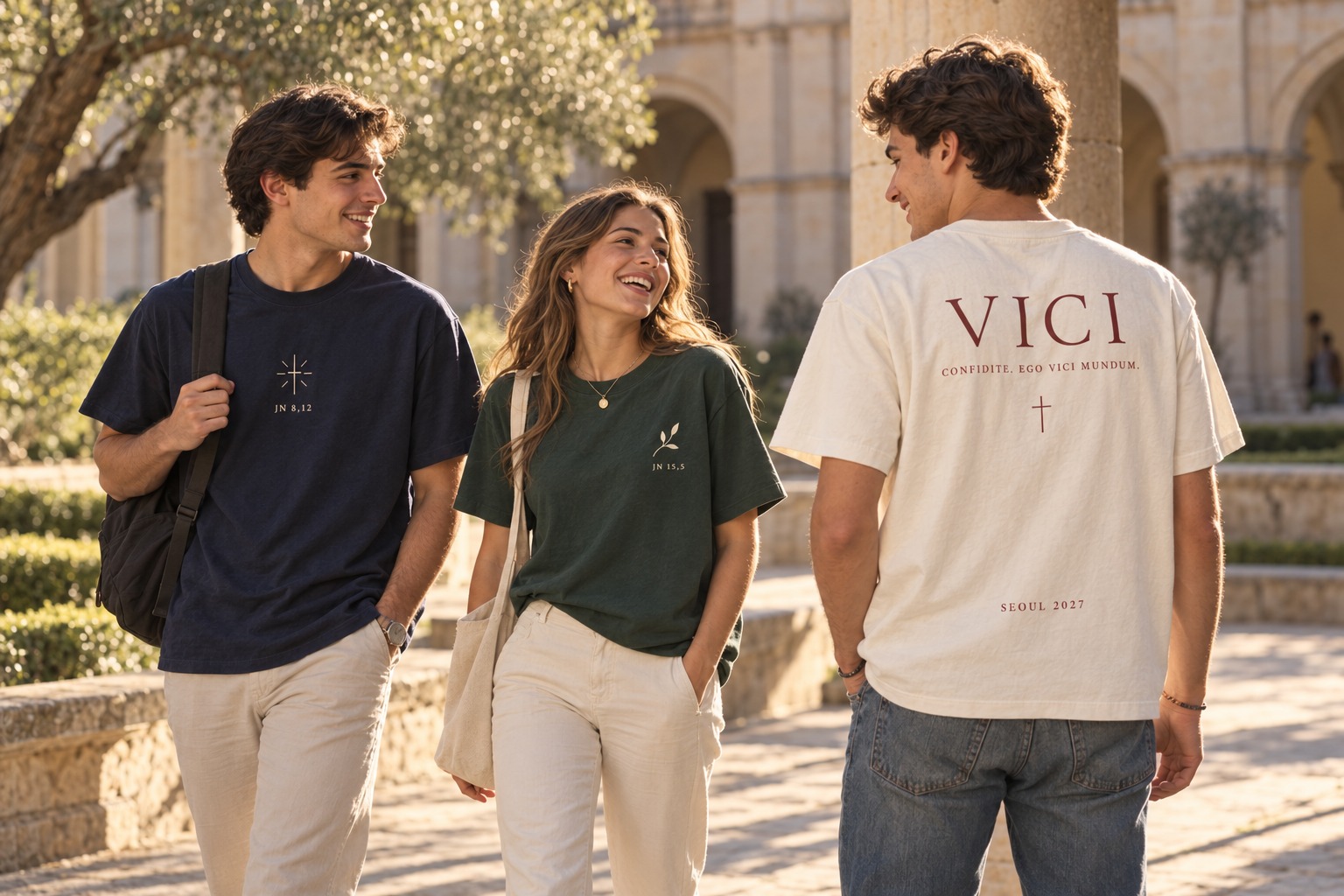 Imagen editorial generada de tres jóvenes con camisetas de la colección Rumbo Seúl en un patio de piedra