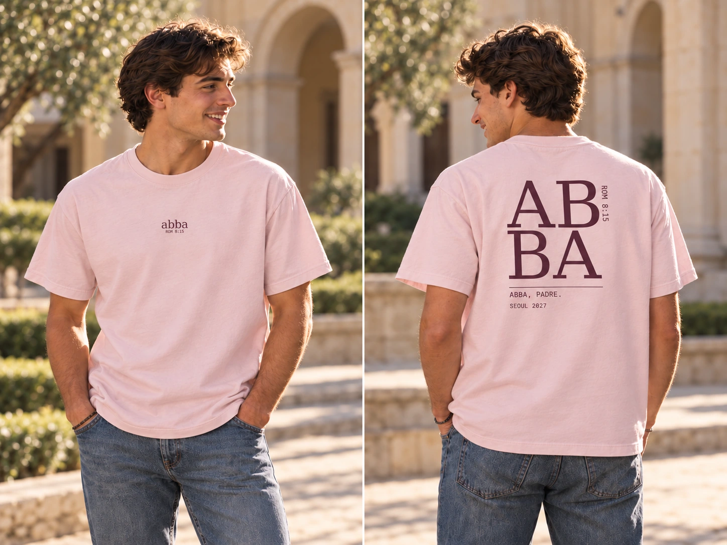 Camiseta cristiana Abba, modelo e imagen generados con IA