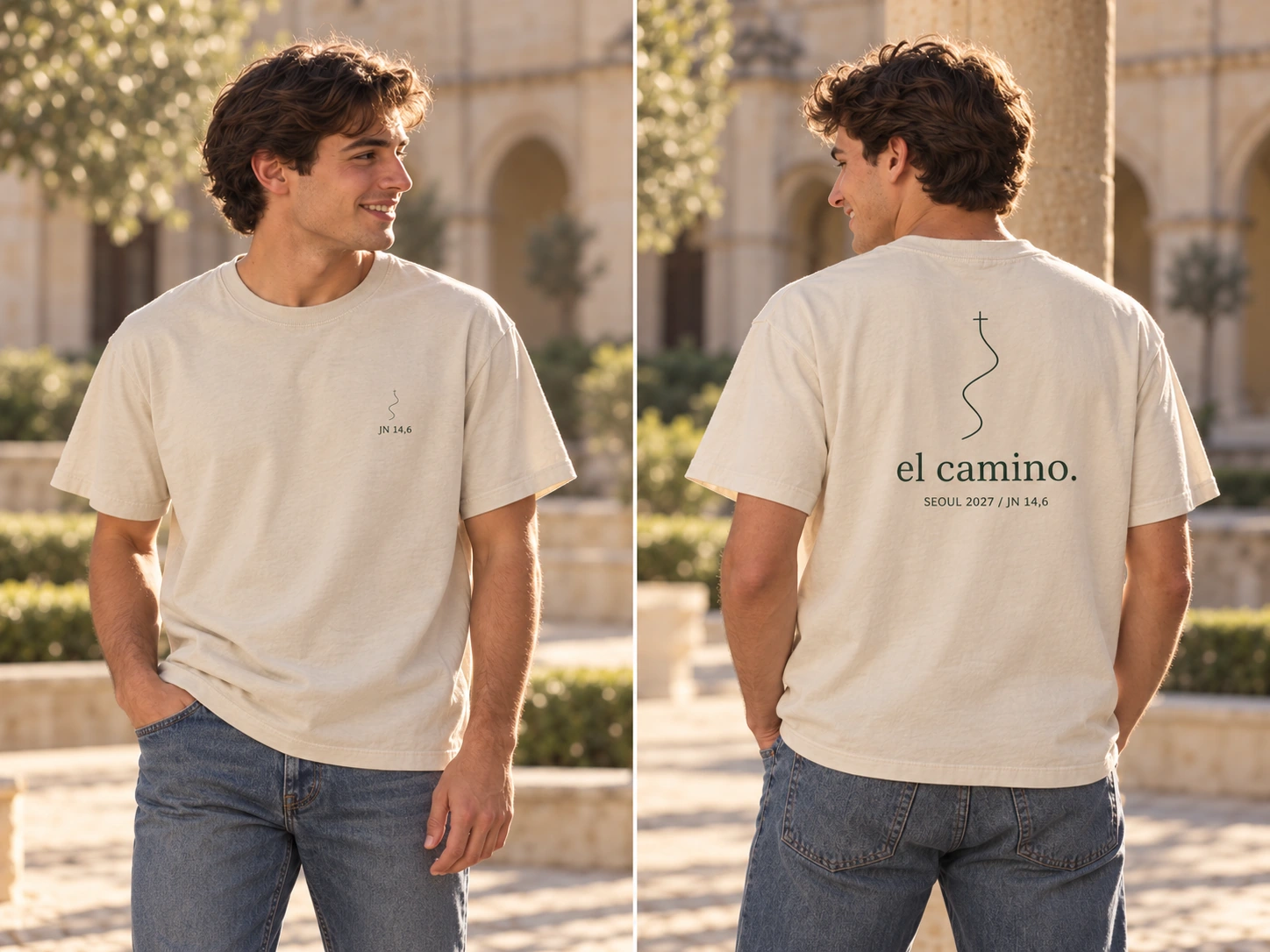 Camiseta cristiana Camino, modelo e imagen generados con IA