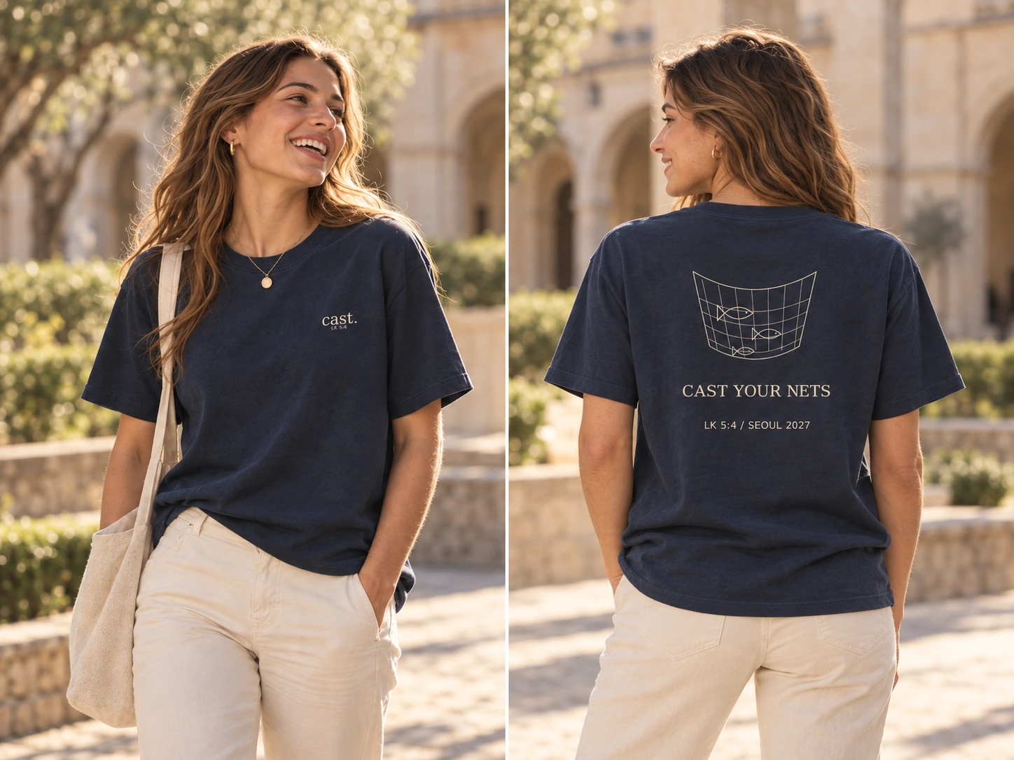 Camiseta cristiana Cast, modelo e imagen generados con IA