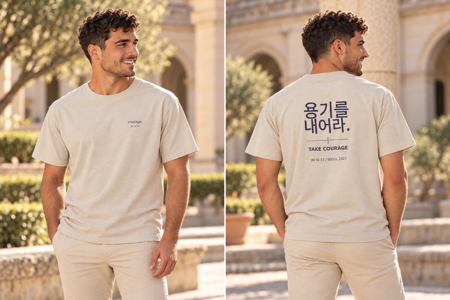 Camiseta cristiana Courage, modelo e imagen generados con IA