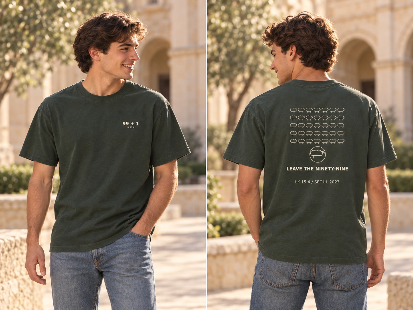Camiseta cristiana Found, modelo e imagen generados con IA