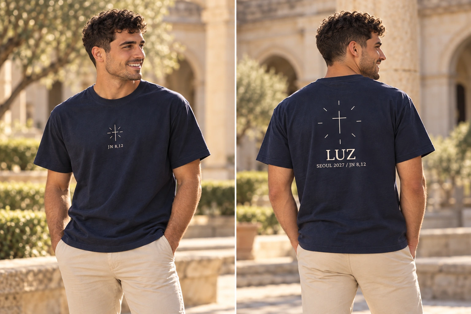 Camiseta cristiana Luz, modelo e imagen generados con IA