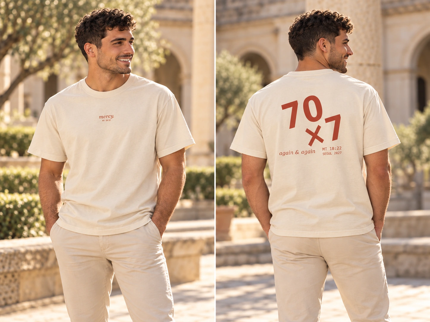 Camiseta cristiana Mercy, modelo e imagen generados con IA