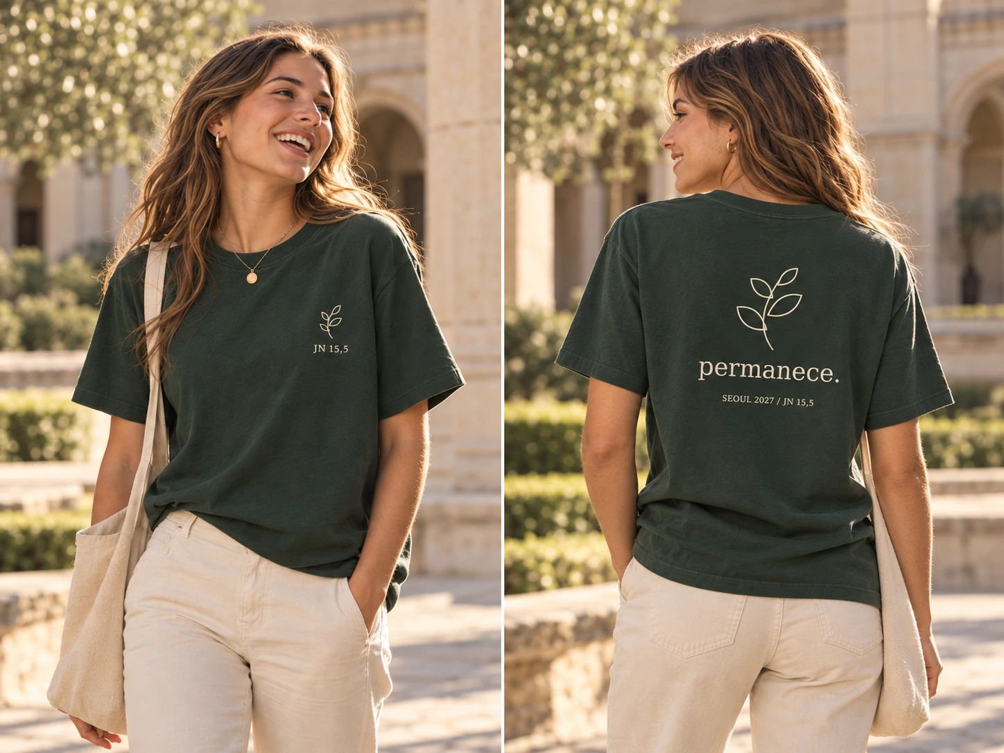 Camiseta cristiana Permanece, modelo e imagen generados con IA