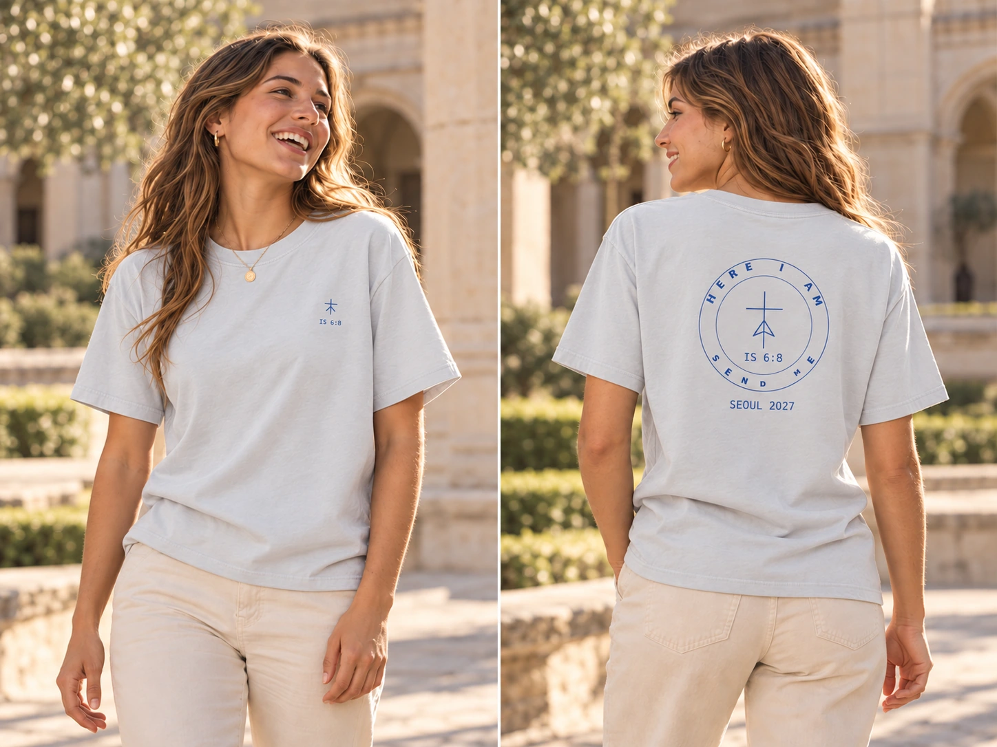 Camiseta cristiana Send Me, modelo e imagen generados con IA